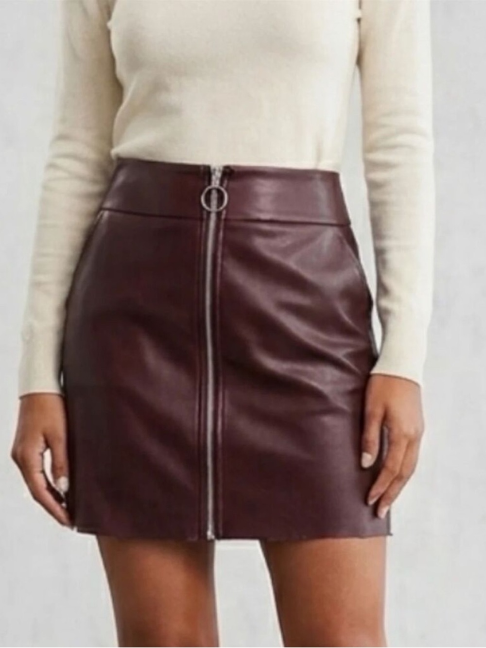 Express Chocolate Brown Faux Leather Front-Zip Mini Skirt